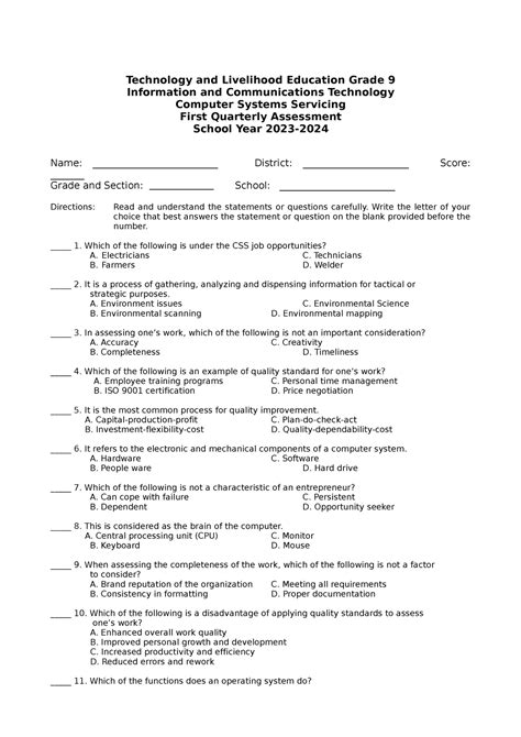 Tle Ict Computer Systems Servicing Grade Quarter Test Items Key