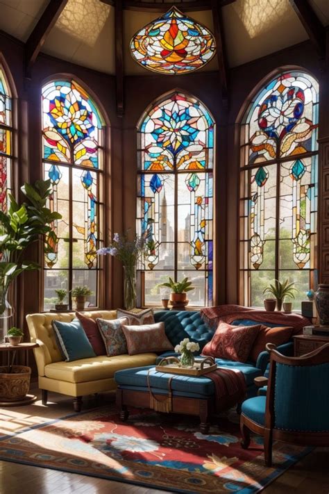 a living room filled with lots of stained glass windows and furniture ...