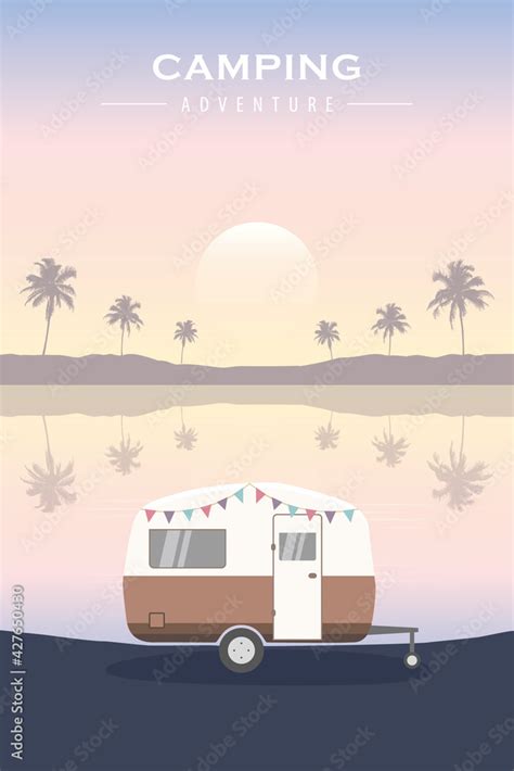 Tropical Camping Adventure Summer Holiday With Camper Stock Vector