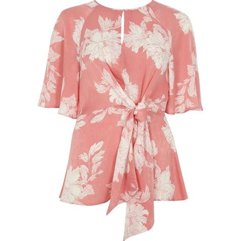 Pink Floral Print Tie Front Frill Hem Blouse Blouses Tops Women