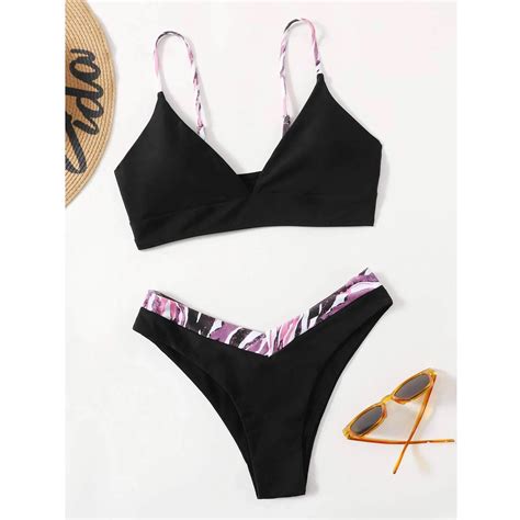 Bikini De Corte Alto Con Estampado De Hojas Para Mujer Traje De Ba O