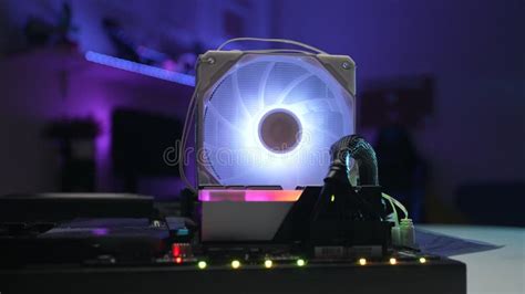 Closeup Of Cooling Fan With Blue Neon LED Light Powerful Gaming CPU