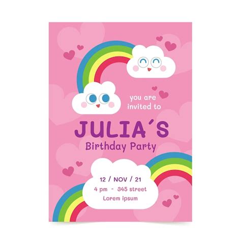 Plantilla De Invitación De Cumpleaños De Arco Iris Plano Vector Gratis