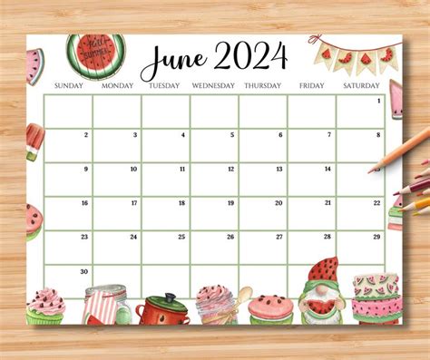 EDITABLE June 2024 Calendar Hello Summer W Cute Gnome And Watermelon