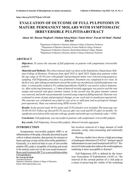 Pdf Evaluation Of Outcome Of Full Pulpotomy In Mature Permanent