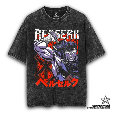 Jual GANAMOZ Kaos Anime Berserk GUTS Stone Wash Oversize T Shirt Kaos