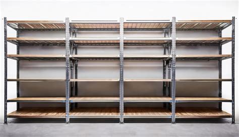 Empty Metal Shelving Units With Wooden Shelves Premium Ai Generated Image