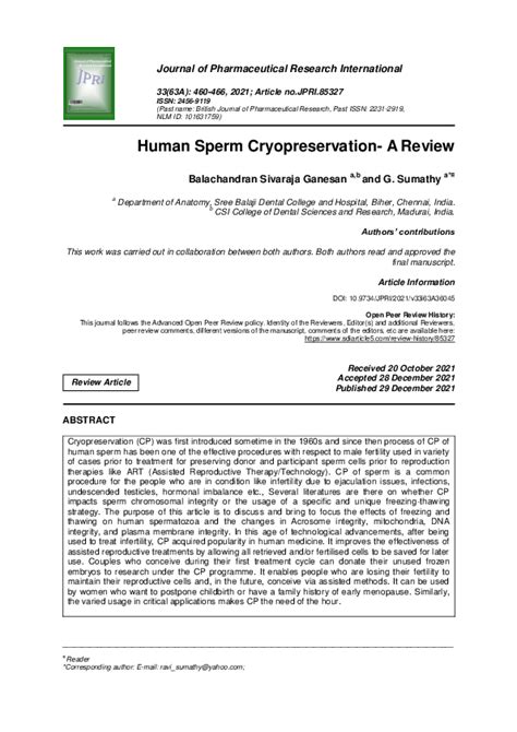 Pdf Human Sperm Cryopreservation A Review