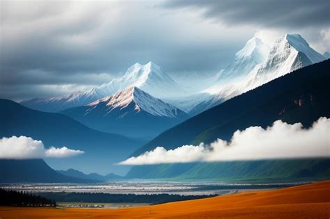 Sommets De Montagne Sous Ciel Bleu Et Nuages Blancs Paysage Naturel