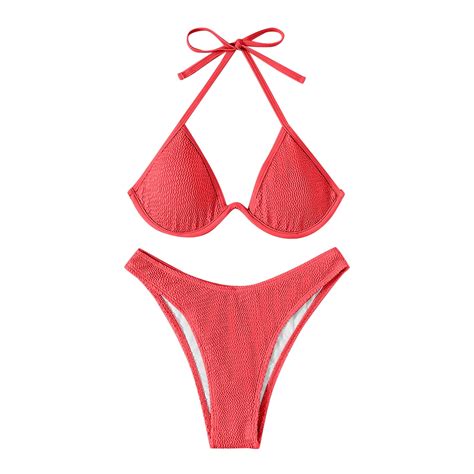 Women Two Piece Thong Bikini Set Sexy Halter Triangle Swimsuit Wave