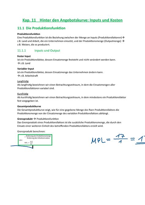 Kap 11 Inputs Und Kosten Volkswirtschaft HSLU Studocu