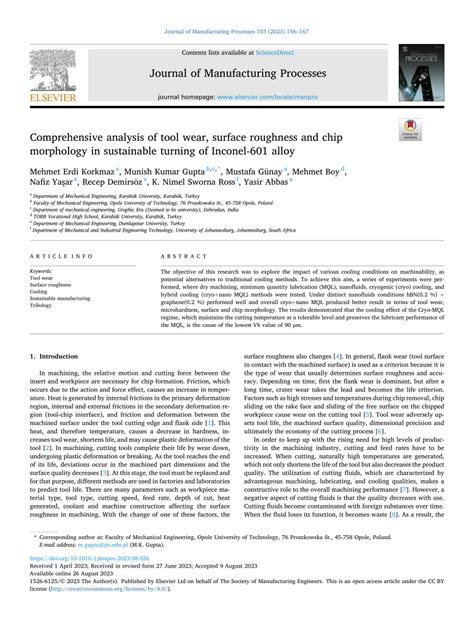 PDF Comprehensive Analysis Of Tool Wear Surface Roughness And Chip