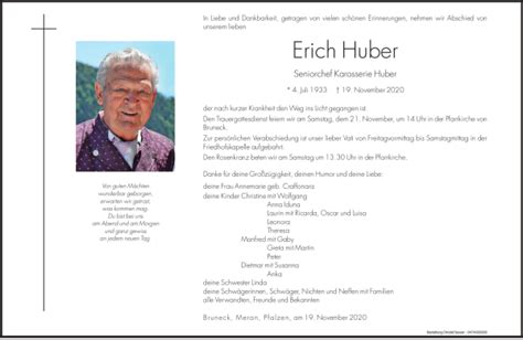 Traueranzeigen Von Erich Huber Trauer Bz