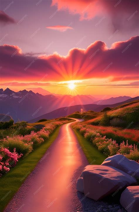 Breathtaking Sunrise Over Winding Path in Vibrant Landscape | Premium