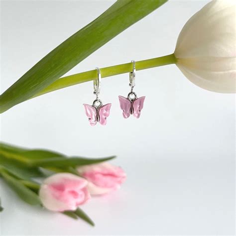 pink butterfly earrings silver hoop earrings butterfly earrings