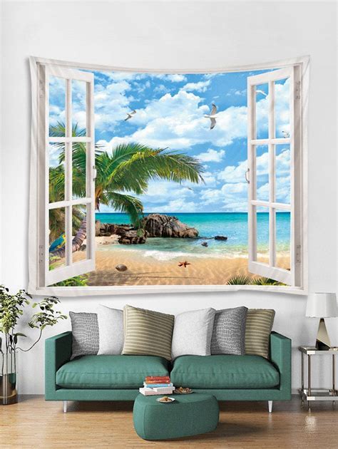 Dresslily Photo Gallery Window Beach Palm Leaves Print Tapestry