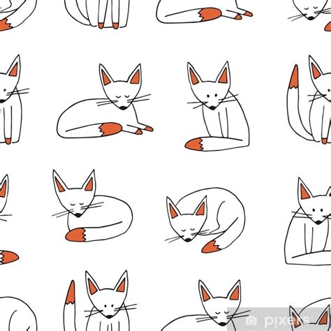 Sticker Cute Foxes Seamless Pattern Hand Drawn Doodle Fox Set Cartoon Background Wallpaper