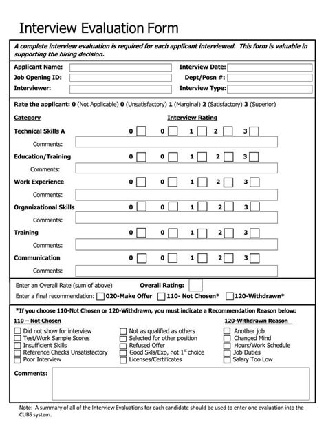 16 Free Interview Evaluation Forms Manager Candidate Etc