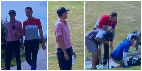 WATCH: DP World Tour cameraman takes TUMBLE during Ludvig Aberg interview! | Golfmagic