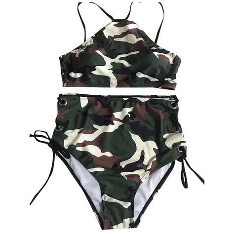 Fs Halter High Neck Camouflage Bikinis Set Swimsuit Summer Army Green