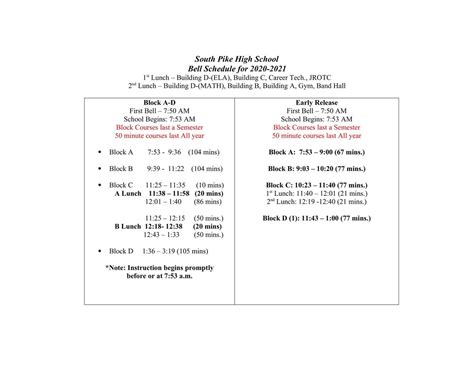 Bell Schedule South Pike High School