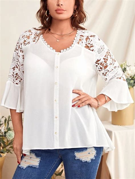 Women Plus Guipure Lace Panel Button Front Blouse Xl Blusas