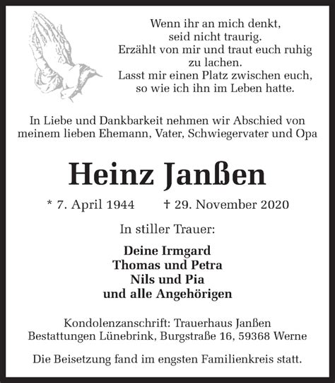 Traueranzeigen von Heinz Janßen sich erinnern de