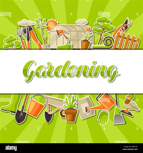 Background with garden tools and items. Season gardening illustration ...