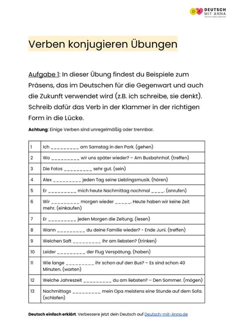 Verben konjugieren Übungen mit Lösungen A1 B2 PDF