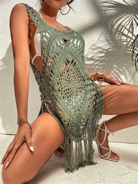 Shein Swim Bohofeel Open Stitch Fringe Hem Cover Up Shein Usa