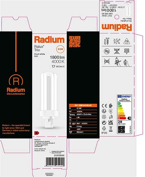 31313064 Compact Fluorescent Lamp Ralux Trio RX T 26W 840 GX24D