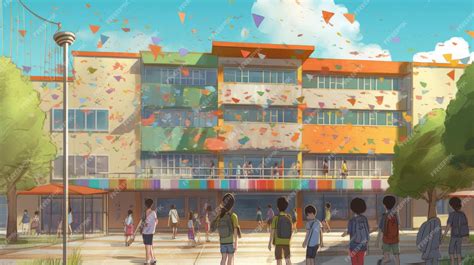 Premium AI Image | Illustration of children entering the school yard cartoon