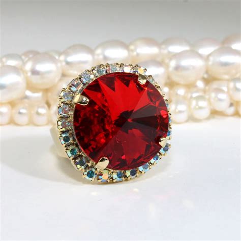 Red Ring Red Cocktail Ring Red European Crystal Ring Red Adjustable ...