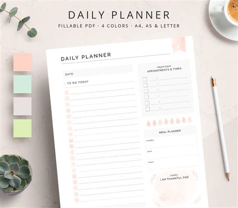 Fillable Daily Planner Printable In 4 Colours A4 A5 Us Etsy