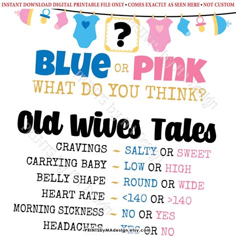 Old Wives Tales Gender Reveal Party Game Blue or Pink What Do - Etsy