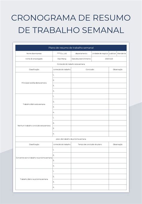 Planilhas Cronograma De Resumo De Trabalho Semanal Excel e Edição On