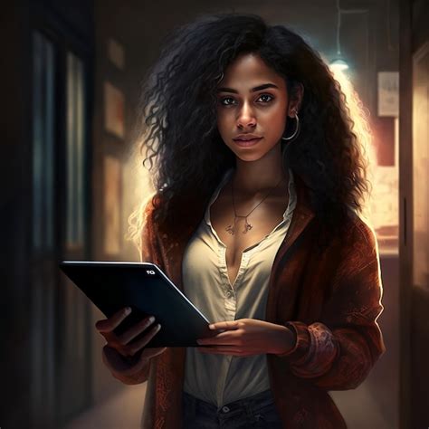 Uma mulher afro americana está segurando um tablet na mão usando