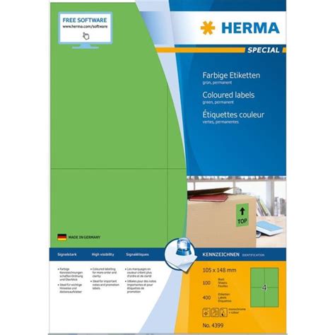 Étiquettes adhésives Vertes 105 x 148 mm HERMA 4399 Lot de 400 ARC