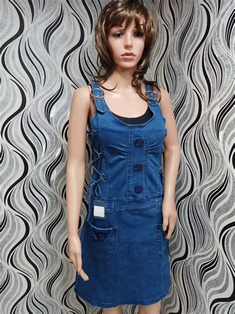 Blue Solid Sleeveless Denim Dress