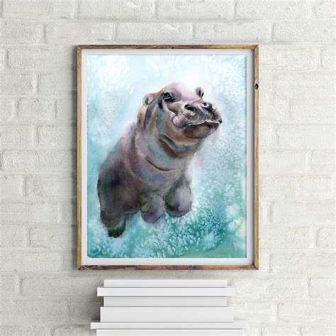 Hippo Art Print Of A Swimming Baby Hippo Underwater Perfect For