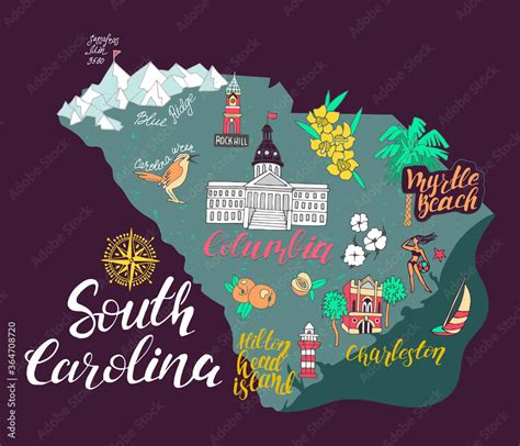 Illustrated map of South Carolina, USA. Travel and attractions ...