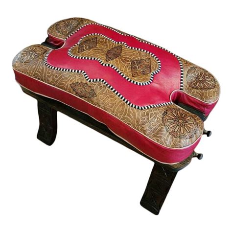 Moroccan Camel Saddles Leather Cushion Wooden Base Red And Tan Etsy