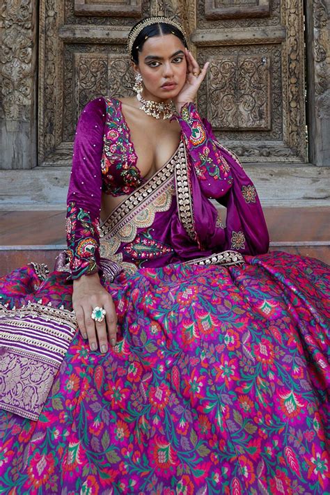 Buy Aditi Gupta Purple Silk Floral Print Panelled Lehenga Set Online