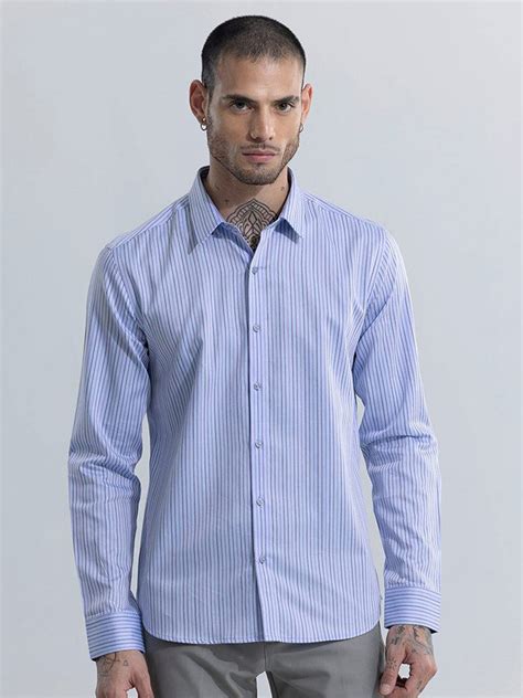 Buy Snitch Blue Classic Slim Fit Vertical Stripes Cotton Casual Shirt