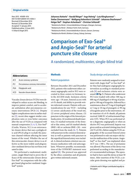 Pdf Comparison Of Exo Seal® And Angio Seal® For Arterial Puncture