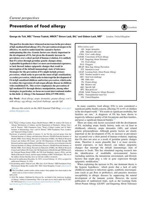 (PDF) Prevention of food allergy