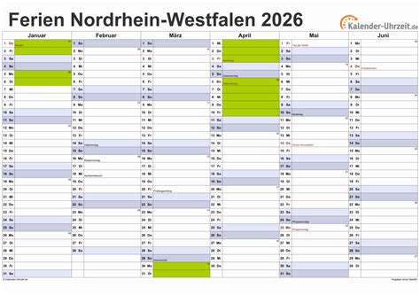 Ferien Nordrhein-Westfalen 2026 - Ferienkalender zum Ausdrucken