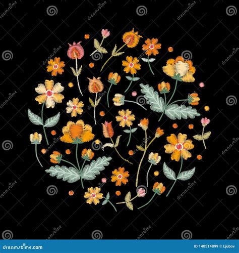 Embroidery Circle Pattern With Beautiful Yellow Flowers Colorful