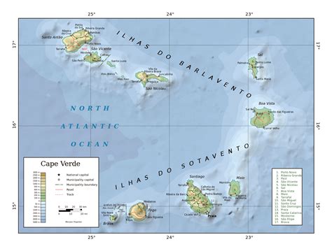 Grande mapa físico de Cabo Verde con administrativas divisiones