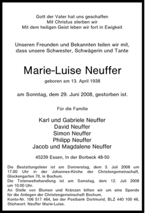 Traueranzeigen Von Marie Luise Neuffer Trauer In Nrw De